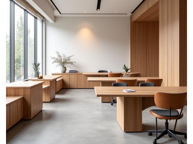 Interieur van het Schaduw Hout kantoor met natuurlijke houten meubelen en sfeervolle verlichting.