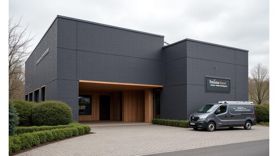 Exterieur van de Schaduw Hout werkplaats met een industriële uitstraling en natuurlijke houten elementen.