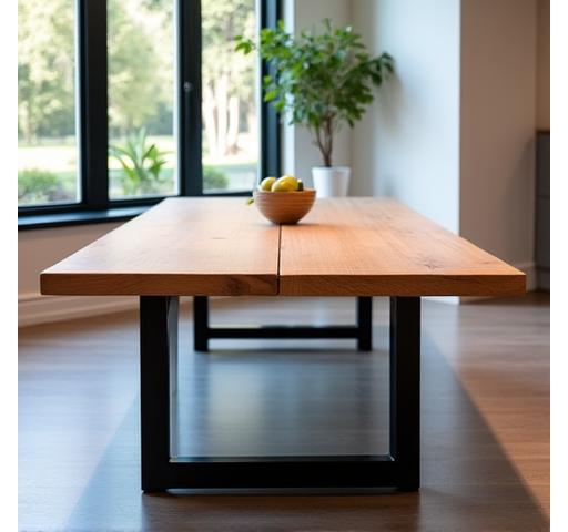 Eikenhouten eettafel met stalen onderstel