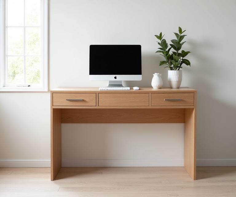 Strakke houten bureau met geïntegreerde opbergruimte