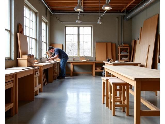 Interieur van de Schaduw Hout werkplaats met vakman