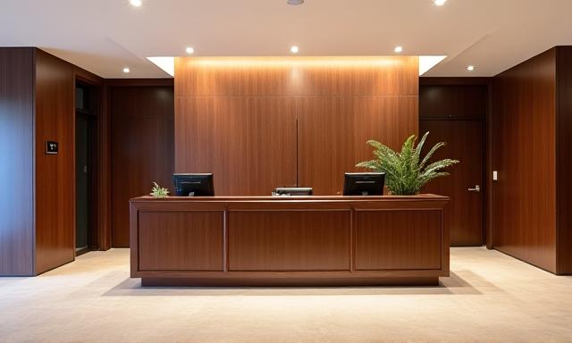 Indrukwekkende houten ontvangstbalie op maat gemaakt voor een kantoor of horecagelegenheid