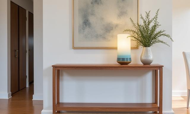 Slanke houten console tafel in een hal met minimalistische decoratie, elegant en functioneel