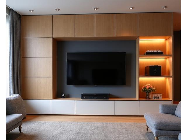 Maatwerk wandmeubel voor media-apparatuur met opbergruimte en geïntegreerde verlichting
