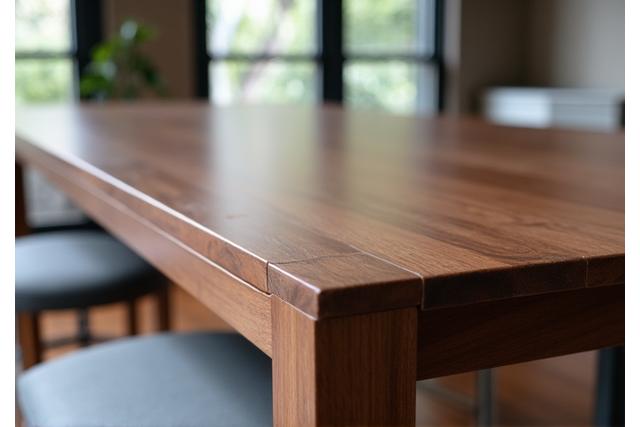 Op maat gemaakte walnoten eetkamertafel met strak design, middelpunt van een modern interieur