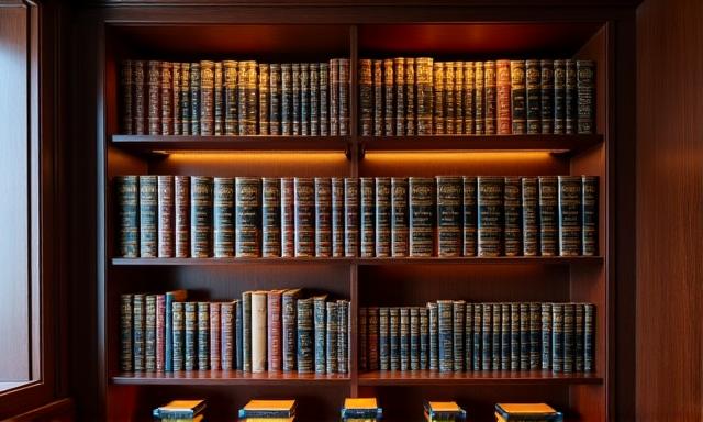 Ingebouwde boekenkast van donker hout op maat gemaakt voor een thuisbibliotheek of kantoor