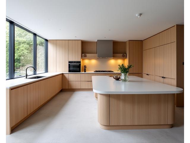 Moderne maatwerk keuken in licht eikenhout met minimalistische kasten en een kookeiland