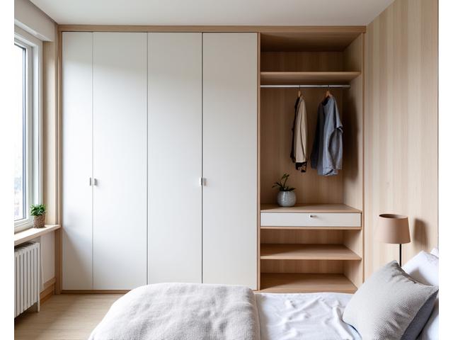 Modulaire kledingkast op maat in een lichte slaapkamer, minimalistisch en functioneel