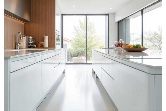 Strakke witte hoogglans keuken met houten accenten en modern kookeiland